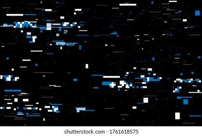 Glitch background. Distorted horizontal lines on black backdrop. Abstract video distortion effect. Digital noise with random pixels. No signal error. Vector illustration.