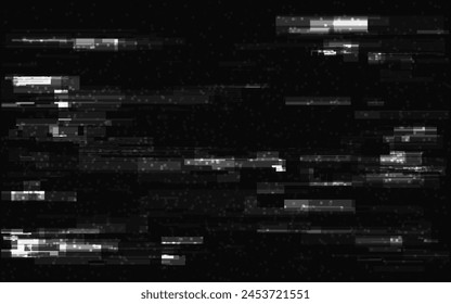 Glitch background. Distorted white lines with overlay effect. Video signal noise. Futuristic distortions template. Random geometric shapes and lines. Vector illustration.