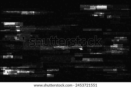 Glitch background. Distorted white lines with overlay effect. Video signal noise. Futuristic distortions template. Random geometric shapes and lines. Vector illustration.