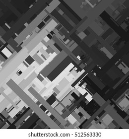 Glitch background, distortion effect, abstract texture, random black and white, grey diagonal lines for design concepts, posters, wallpapers, presentations and prints. Vector illustration.