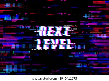 Glitch Background, Next Level Pixels And Digital Noise On Screen, Vector. Glitch On TV Or Computer Display, VHS Video Television Effect For Game, Video Signal Distortion