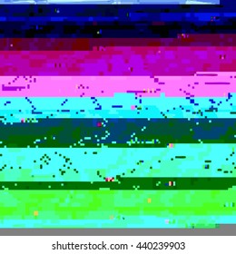 Glitch background in the rave aesthetic. Random digital signal error. Abstract contemporary print made of colorful pixel mosaic. Element of design for a trendy poster, cover, invitation or postcard.