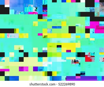 Glitch background in a rave aesthetic. Random digital signal error. Abstract contemporary print made of colorful pixel mosaic. Chaotically shuffled blocks of corrupted data. Element of design.