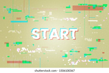 Glitch background. Start to play concept. Retro game backdrop with color distortions. Abstract classic template for poster, banner, flyer. Color pixels and lines. Vector illustration.