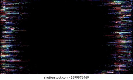 Vetor de fundo de falha com ruído de pixel colorido enquadrando um centro escuro. Conceito abstrato de fluxo de dados digitais para anúncio de tecnologia.