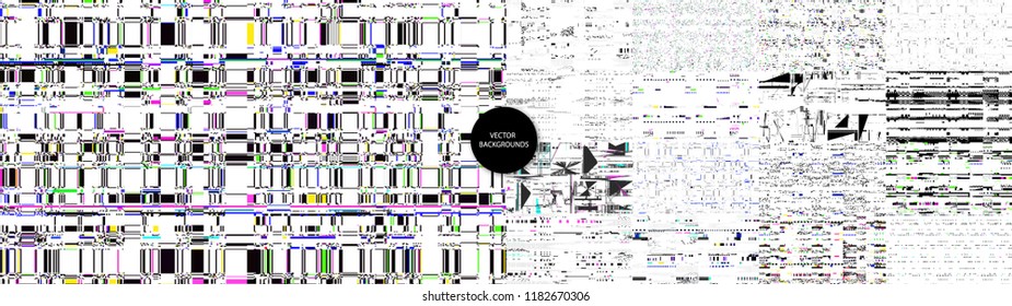 Glitch backgrounds set. Computer screen error templates. Digital pixel noise abstract design. Poster design pixel textures. Glitches collection. TV signal fail. Data decay. Technical problem.