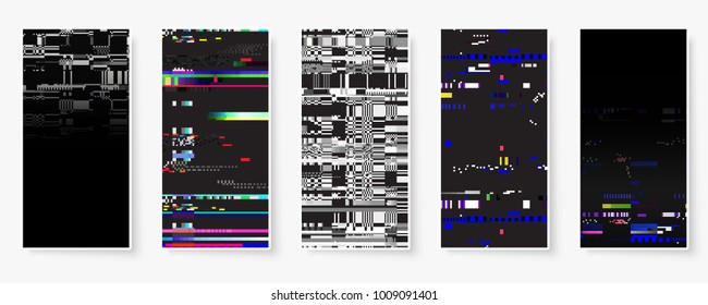 Glitch backgrounds set. Mobile device screen error. Digital pixel noise abstract design. Device signal fail. Gadget data decay. Glitch tv wallpaper. Monitor technical problem.