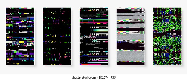 Glitch backgrounds set. Mobile device screen error. Digital pixel noise abstract design. Device signal fail. Gadget data decay. Glitch tv wallpaper. Monitor technical problem.