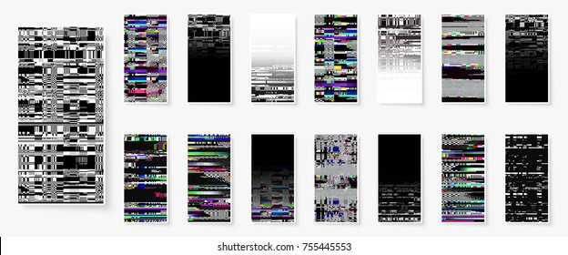 Glitch backgrounds set. Smartphone screen error wallpapers. Digital pixel noise abstract design. Device signal fail. Glitch wallpapers. Gadget data decay. Trendy backdrop. Monitor technical problem.