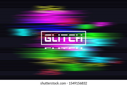 Glitch banner with color distortions. Abstract horizontal lines. TV digital distortion effect. Futuristic colorful texture. Broken signal template with chaotic shapes. Vector illustration.