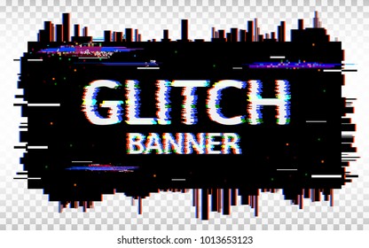 Glitch banner. Distorted glitch Font. Trendy design template with colorful geometric shapes and pixels. Abstract pixel noise effect. Vector illustration.