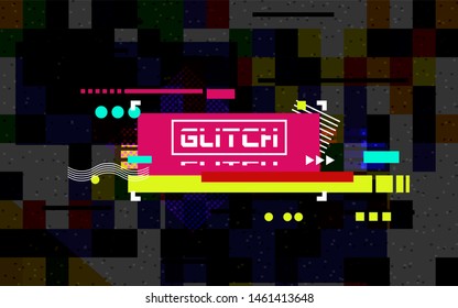 Glitch banner on dark backdrop. Color distortion with random tiles. Modern concept. Abstract horizontal lines. Chaotic geometric shapes. No signal pixel noise. Vector illustration.