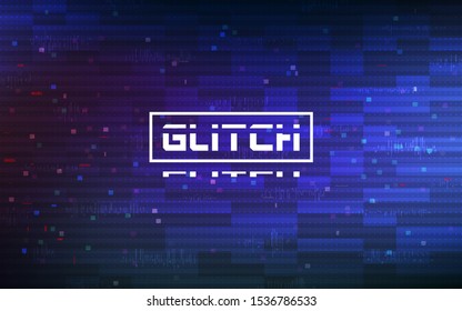 Glitch blue background. Abstract color pixels and shapes on gradient backdrop. Glitched video texture. Digital no signal effect. Futuristic banner with distortions. Vector illustration.