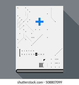 Glitch book cover/poster design template with simple geometric design elements.