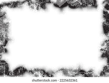 Glitch border frame. Grunge layer  . Noise scratched texture . Trendy textured frame . Overlay grunge texture . Distressed effect .Vector shapes with a halftone dots . Screen print texture.
