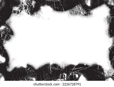 Glitch border frame. Grunge layer  . Noise scratched texture . Trendy textured frame . Overlay grunge texture . Distressed effect .Vector shapes with a halftone dots . Screen print texture.