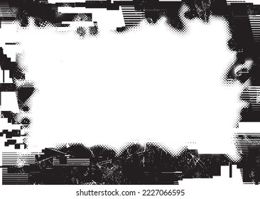 Glitch border frame. Grunge layer  . Noise scratched texture . Trendy textured frame . Overlay grunge texture . Distressed effect .Vector shapes with a halftone dots . Screen print texture.