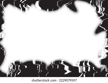 Glitch border frame. Grunge layer  . Noise scratched texture . Trendy textured frame . Overlay grunge texture . Distressed effect .Vector shapes with a halftone dots . Screen print texture.