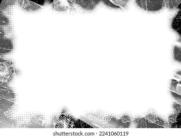 Glitch border frame. Grunge layer  . Noise scratched texture . Trendy textured frame . Overlay grunge texture . Distressed effect .Vector shapes with a halftone dots . Screen print texture.