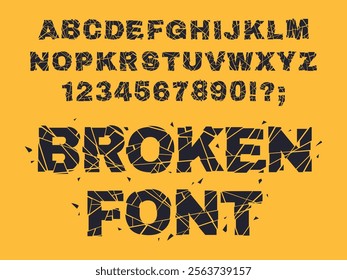 Glitch broken font. Smashed broken letters and numbers, cracked glass alphabet flat vector illustration set. Crushed shattered glass alphabet