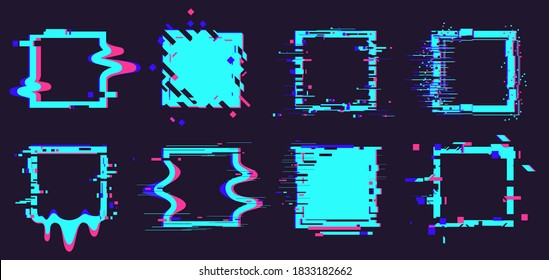 Glitch Broken Frames. Distortion Dynamic Square Elements, Noise Defect Geometry Figures Isolated Vector Illustration Symbols Set. Modern Trendy Neon Shapes For Banner, Cover Design