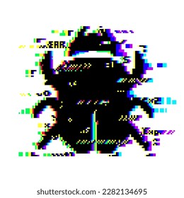 Glitch bug on TV screen pixel noise, digital or VHS effect of static video error, vector background. Glitch bug insect, television screen signal distortion, dynamic pixel noise on playback error