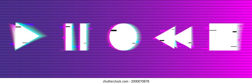 Glitch buttons set. Play, stop, pause, rewind. Digital playback buttons. Abstract modern elements. Distorted stereo shapes for banner, poster or website. Vector illustration.