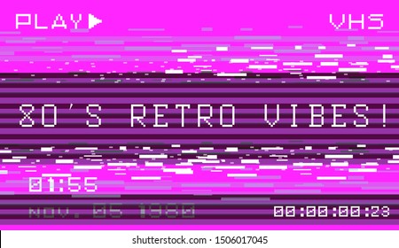 Glitch camera effect. Retro VHS pink background like in old video tape rewind or no signal TV screen. Vaporwave/ retrowave style vector illustration.