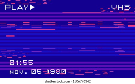 Glitch camera effect. Retro VHS blue background like in old video tape rewind or no signal TV screen. Vaporwave/ retrowave style vector illustration.