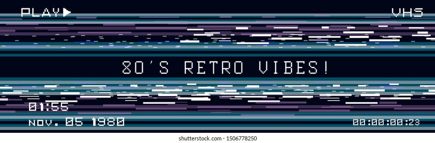 Glitch camera effect. Retro VHS background like in old video tape rewind or no signal TV screen. Vaporwave/ retrowave style vector illustration.