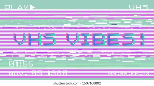Glitch camera effect. Retro VHS background like in old video tape rewind or no signal TV screen. Vaporwave/ retrowave style vector illustration.