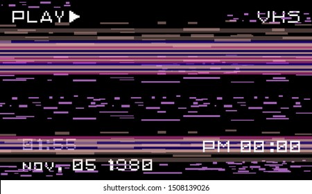 Glitch camera effect. Retro VHS background like in old video tape rewind or no signal TV screen. Vaporwave/ cyberpunk style vector illustration.
