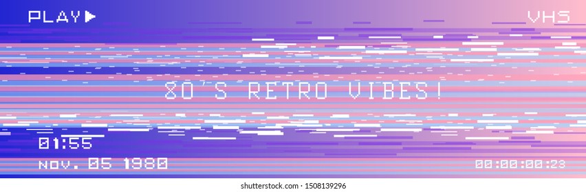 Glitch camera effect. Retro VHS background like in old video tape rewind or no signal TV screen. Vaporwave/ cyberpunk style vector illustration.