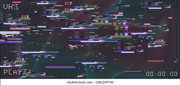 Glitch camera effect. Retro VHS background like in old video tape rewind or no signal TV screen. Vaporwave/ retrowave style vector illustration.