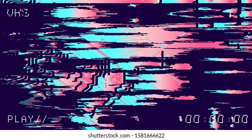 Glitch camera effect. Retro VHS background like in old 90s video tape rewind or no signal TV screen. Vaporwave/ retrowave style vector illustration.