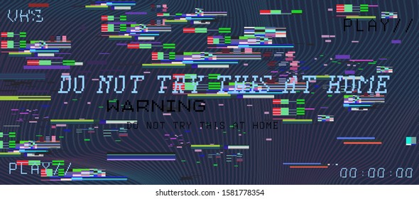 Glitch camera effect. Retro VHS background like in old video tape rewind or no signal TV screen. Vaporwave/ retrowave style vector illustration.