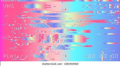 Glitch camera effect. Retro VHS background like in old 90s video tape rewind or no signal TV screen. Vaporwave/ retrowave style vector illustration.