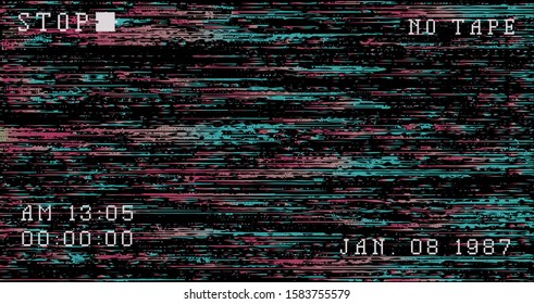 Glitch camera effect. Retro VHS background like in old 90s video tape rewind or no signal TV screen. Vaporwave/ retrowave style vector illustration.