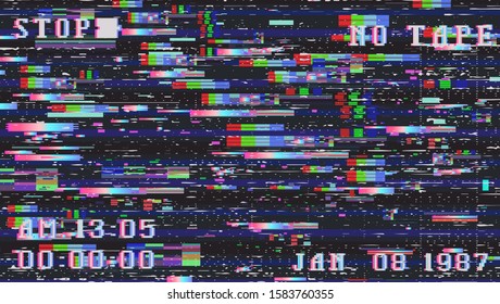 Glitch camera effect. Retro VHS background like in old 90s video tape rewind or no signal TV screen. Vaporwave/ retrowave style vector illustration.