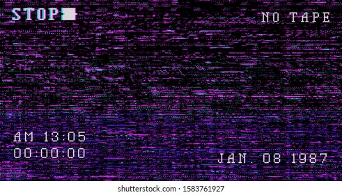 Glitch camera effect. Retro VHS background like in old 90s video tape rewind or no signal TV screen. Vaporwave/ retrowave/ synthwave style vector illustration.