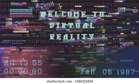 Glitch camera effect. Retro VHS background like in old 90s video tape rewind or no signal TV screen. Vaporwave/ retrowave/ synthwave style vector illustration.