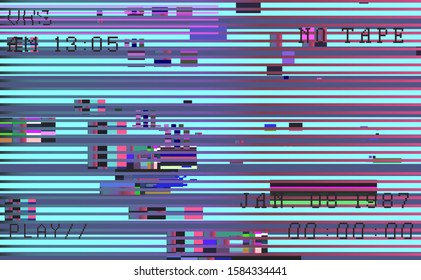 Glitch camera effect. Retro VHS background like in old 90s video tape rewind or no signal TV screen. Vaporwave/ retrowave/ synthwave style vector illustration.