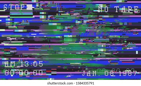 Glitch camera effect. Retro VHS background like in old 90s video tape rewind or no signal TV screen. Vaporwave/ retrowave/ synthwave style vector illustration.