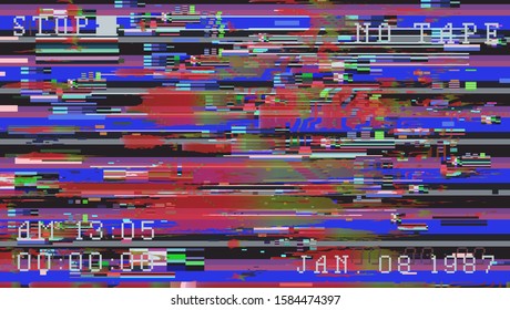 Glitch camera effect. Retro VHS background like in old 90s video tape rewind or no signal TV screen. Vaporwave/ retrowave/ synthwave style vector illustration.