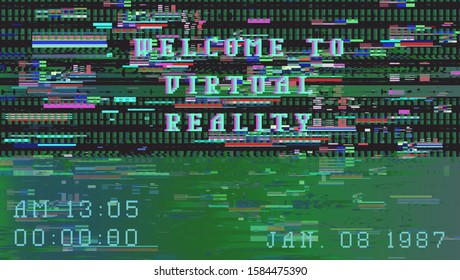 Glitch camera effect. Retro VHS background like in old 90s video tape rewind or no signal TV screen. Vaporwave/ retrowave/ synthwave style vector illustration.