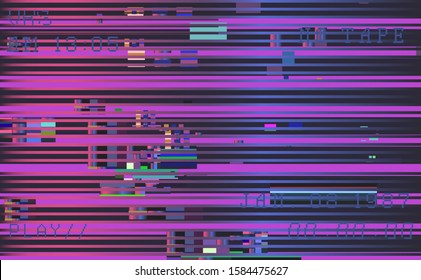 Glitch camera effect. Retro VHS background like in old 90s video tape rewind or no signal TV screen. Vaporwave/ retrowave/ synthwave style vector illustration.
