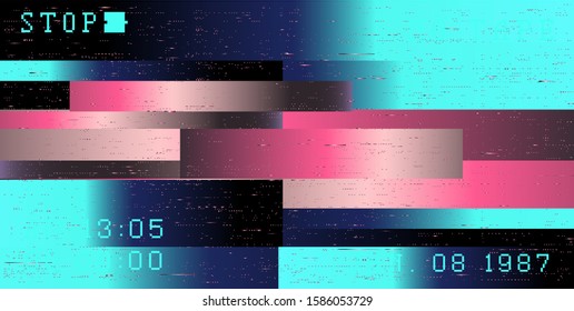 Glitch camera effect. Retro VHS background like in old 90s video tape rewind or no signal TV screen. Vaporwave/ retrowave/ synthwave style vector illustration.