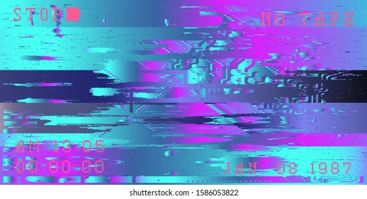 Glitch camera effect. Retro VHS background like in old 90s video tape rewind or no signal TV screen. Vaporwave/ retrowave/ synthwave style vector illustration.