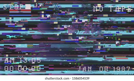 Glitch camera effect. Retro VHS background like in old 90s video tape rewind or no signal TV screen. Vaporwave/ retrowave/ synthwave style vector illustration.