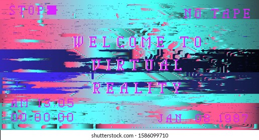 Glitch camera effect. Retro VHS background like in old 90s video tape rewind or no signal TV screen. Vaporwave/ retrowave/ synthwave style vector illustration.